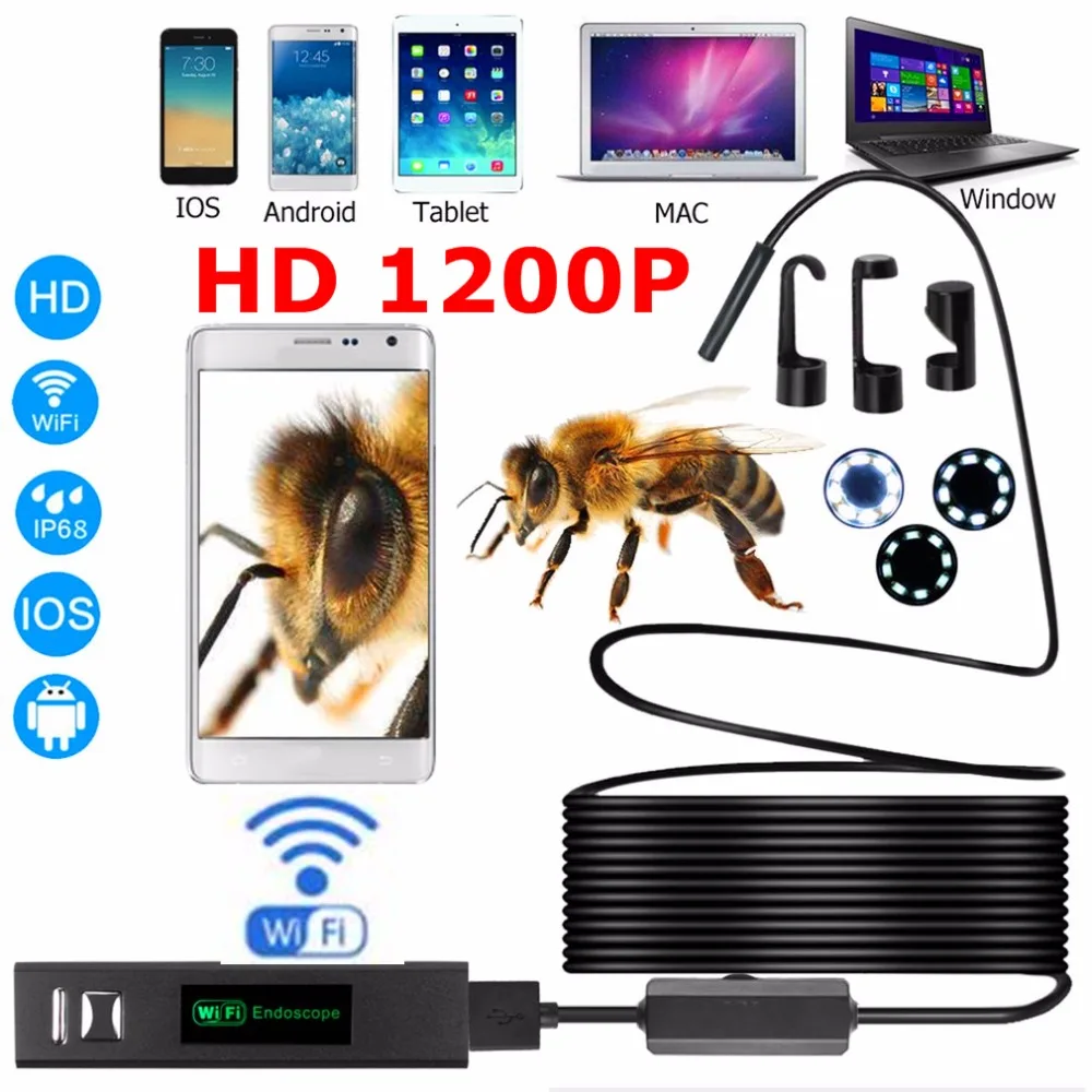 Эндоскоп HD 1200P Регулируемый 8 LED Wifi эндоскоп камера 0 мм с жестким кабелем IP68 1 м 2 3 5