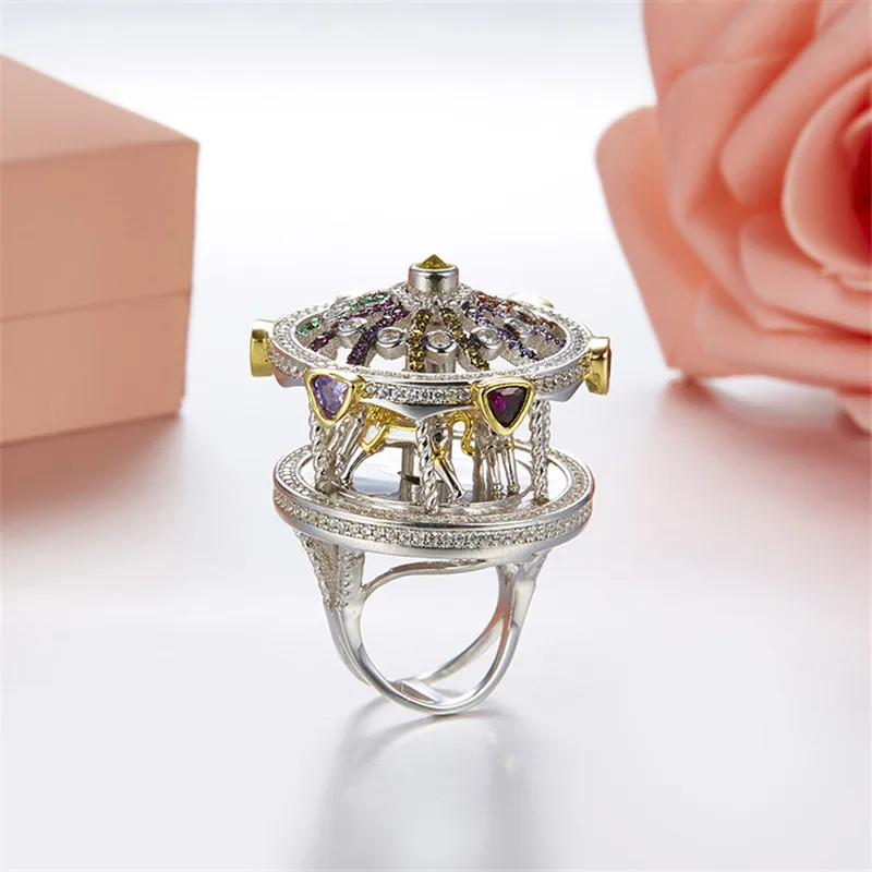 Dazz S925 Серебряные кольца Роскошная карусель ручное инкрустированное Цирконом кольцо милые романтические женские вечерние аксессуары для праздника лучший подарок