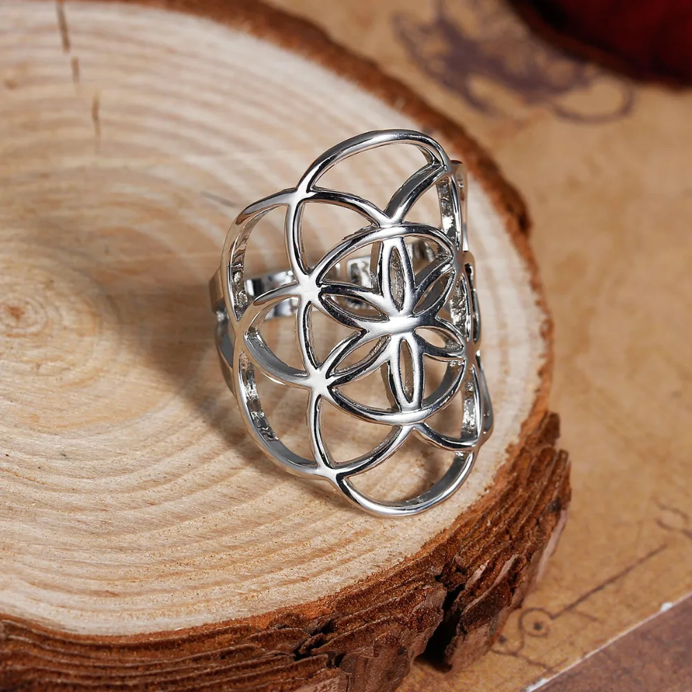 DoreenBeads New Fashion Copper Adjustable Seed Of Life Rings Gold/Silver Color Hollow Carved Men Women Punk Party Jewelry 1PC | Украшения и
