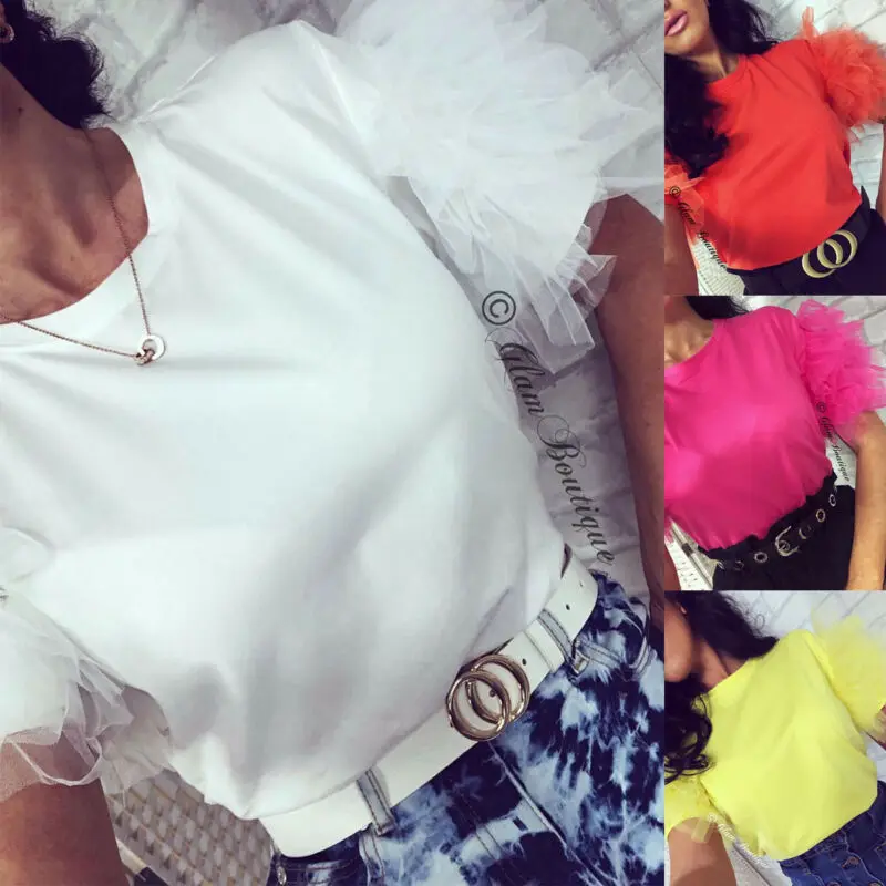 Однотонная кружевная белая футболка Повседневная летняя Винтажная легкий топ с