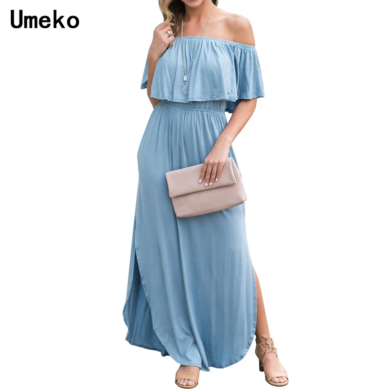 Umeko/Новое модное платье для женщин с рюшами открытыми плечами коротким рукавом