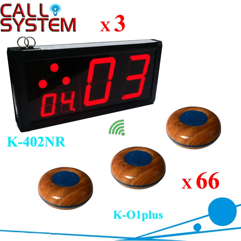 

433.92mhz Paging call button system 3pcs LED number screen with 66 table ordering buzzers