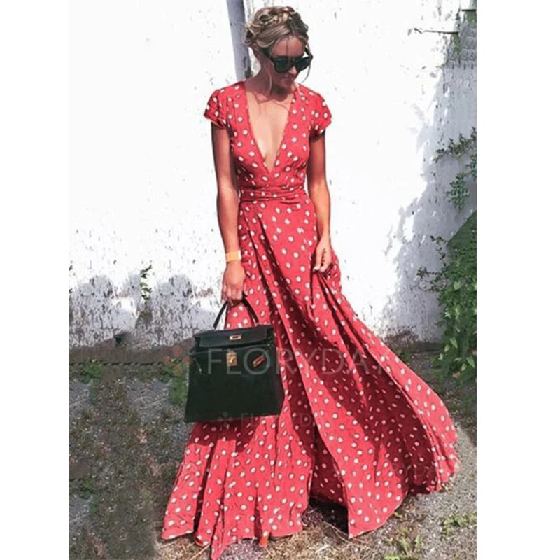 Платья Длинное Платье Летнее Женское в Горошек Красное Шифон Лето 2018 Туника