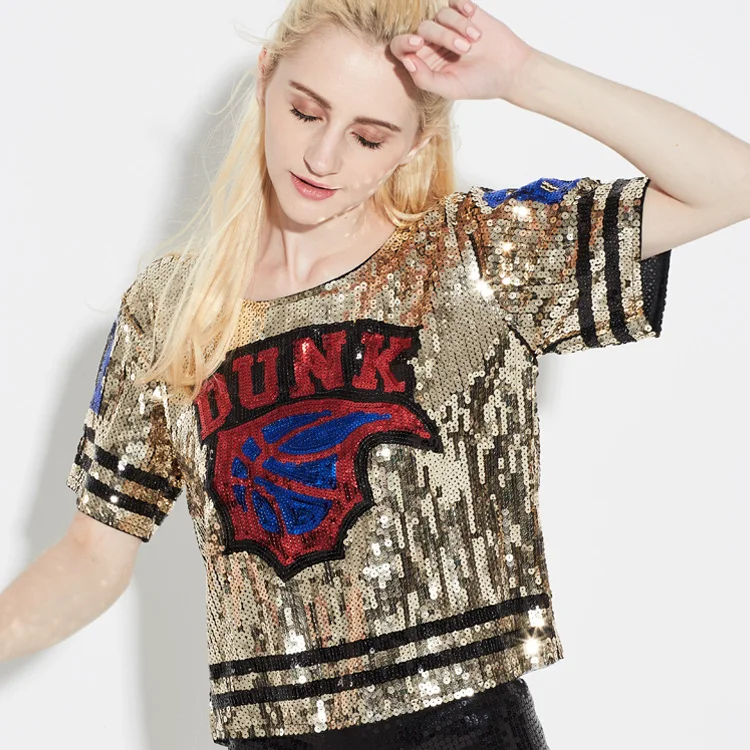 Женский пуловер с круглым вырезом блестками|Футболки| |