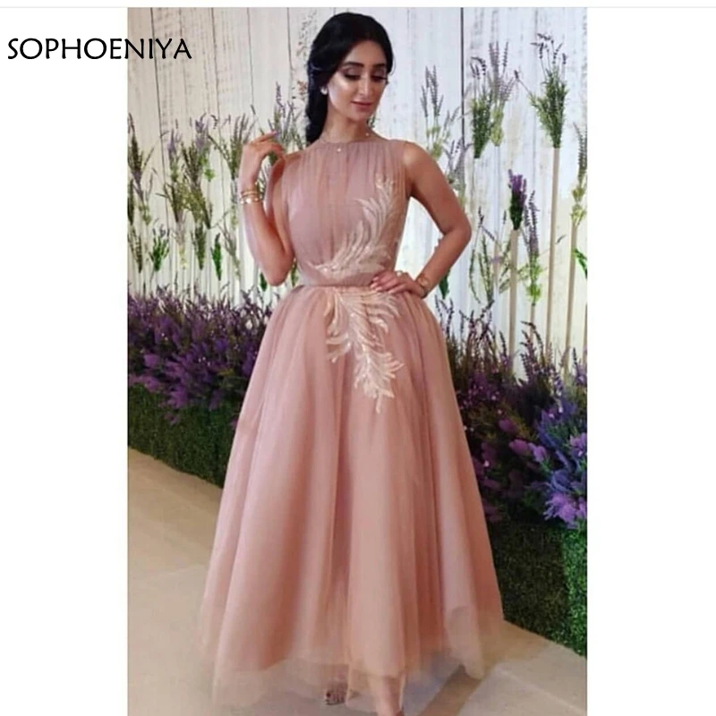 

New Arrival Tulle Dubai Arabic evening dress Pink Lace Appliques evening gown Abiye formal dress Party abendkleider 2020