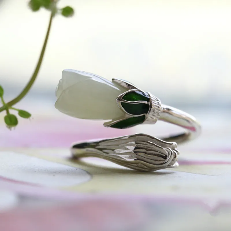 L & P элегантные кольца из натурального нефрита с драгоценными камнями магнолии