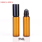 Оптовая продажа, розничная продажа, 5 мл, 100 шт.лот, мини-бутылки с шариками коричневого цвета, стеклянные бутылки с черным шариком, стальные шарики, стеклянные многоразовые бутылки с эфирным маслом