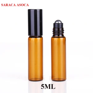 Оптовая продажа, розничная продажа, 5 мл, 100 шт.лот, мини-бутылки с шариками коричневого цвета, стеклянные бутылки с черным шариком, стальные шарики, стеклянные многоразовые бутылки с эфирным маслом