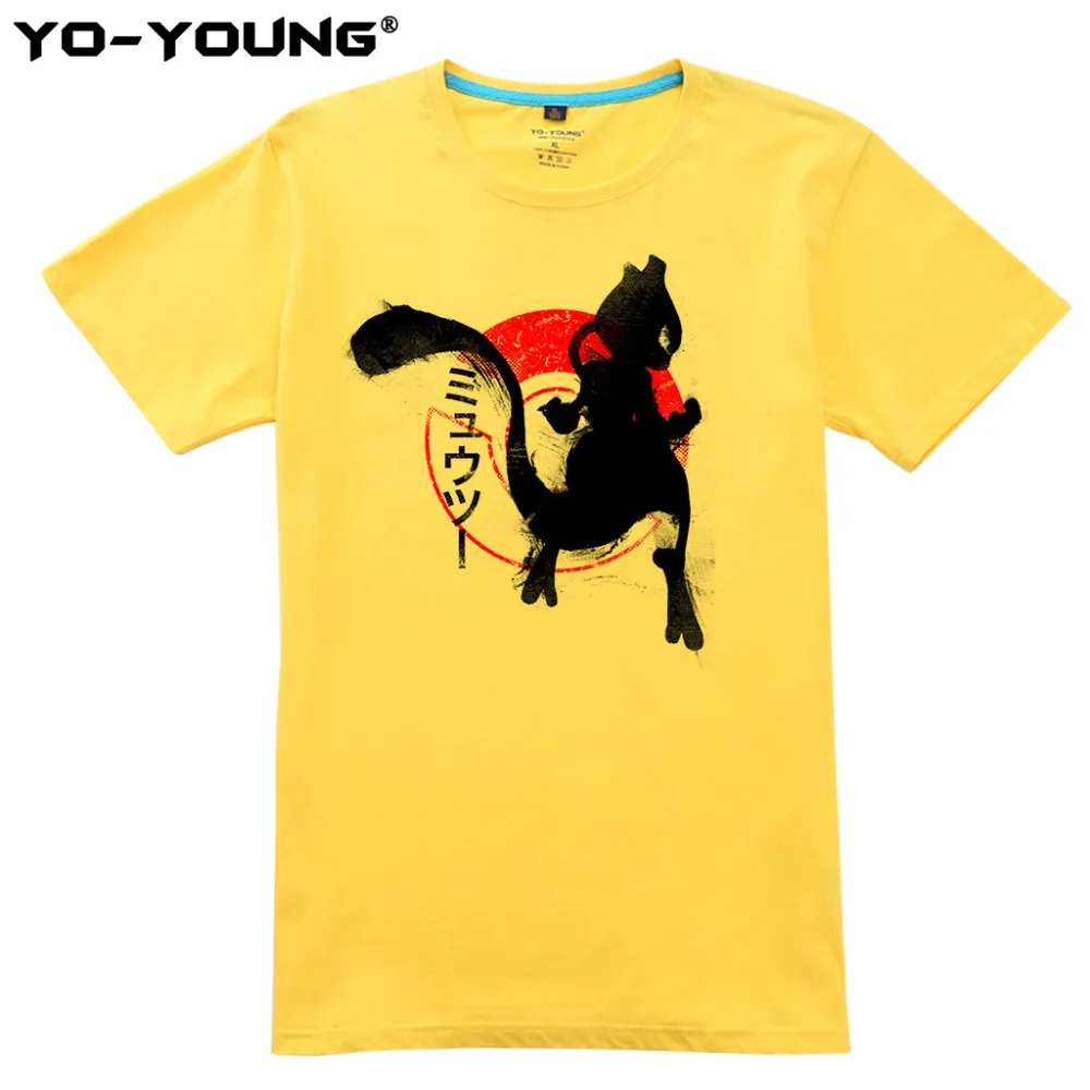 Yo-Young Men T-Shirt Anime Pokemon Mewtwo Design Digital Printing 100% 180 gsm Combed Casual Summer Top Tees Homme Customized |
