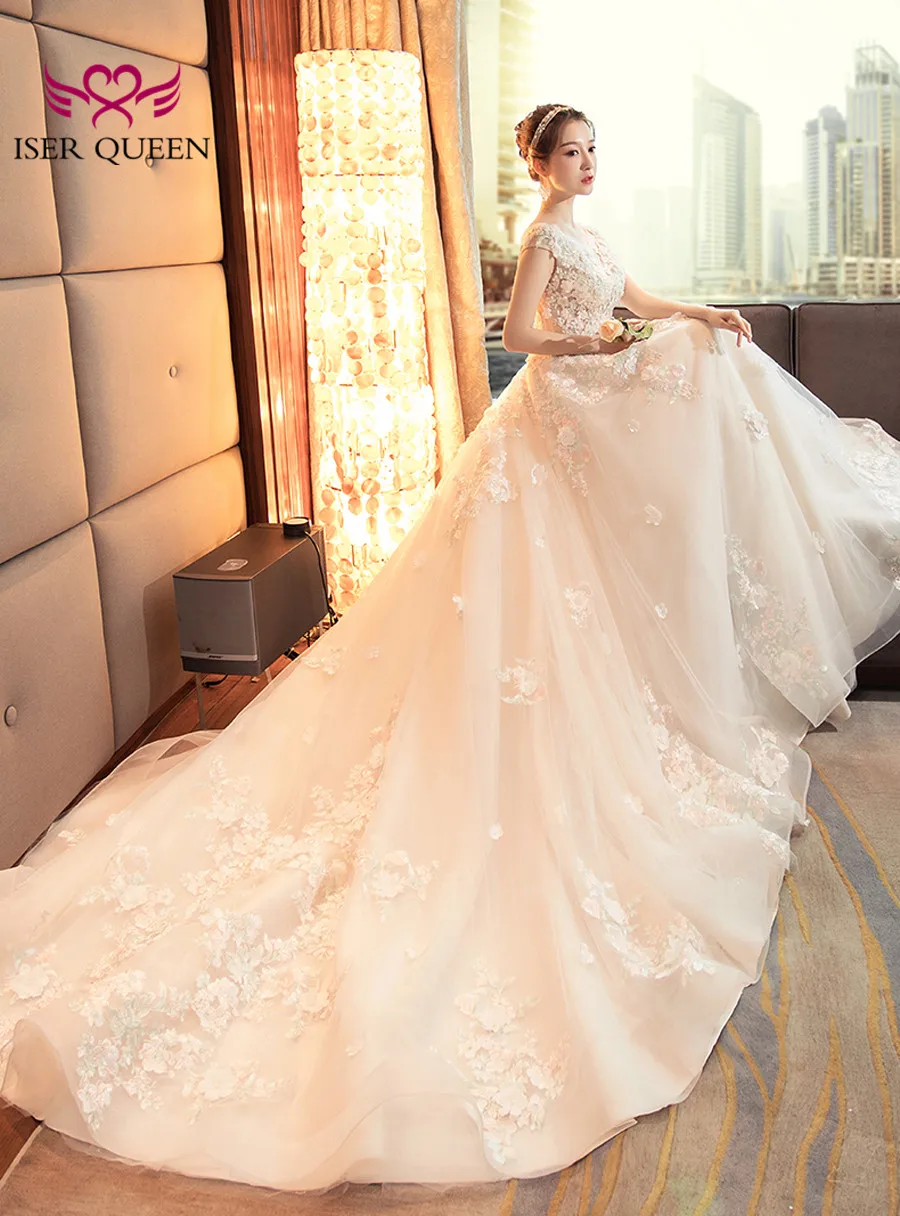 Elegant Floral Arab Long Train Wedding Dress Sheer Neck Plus Size Romantic Luxury Flower Wedding Gown Bridal Dress WX0137