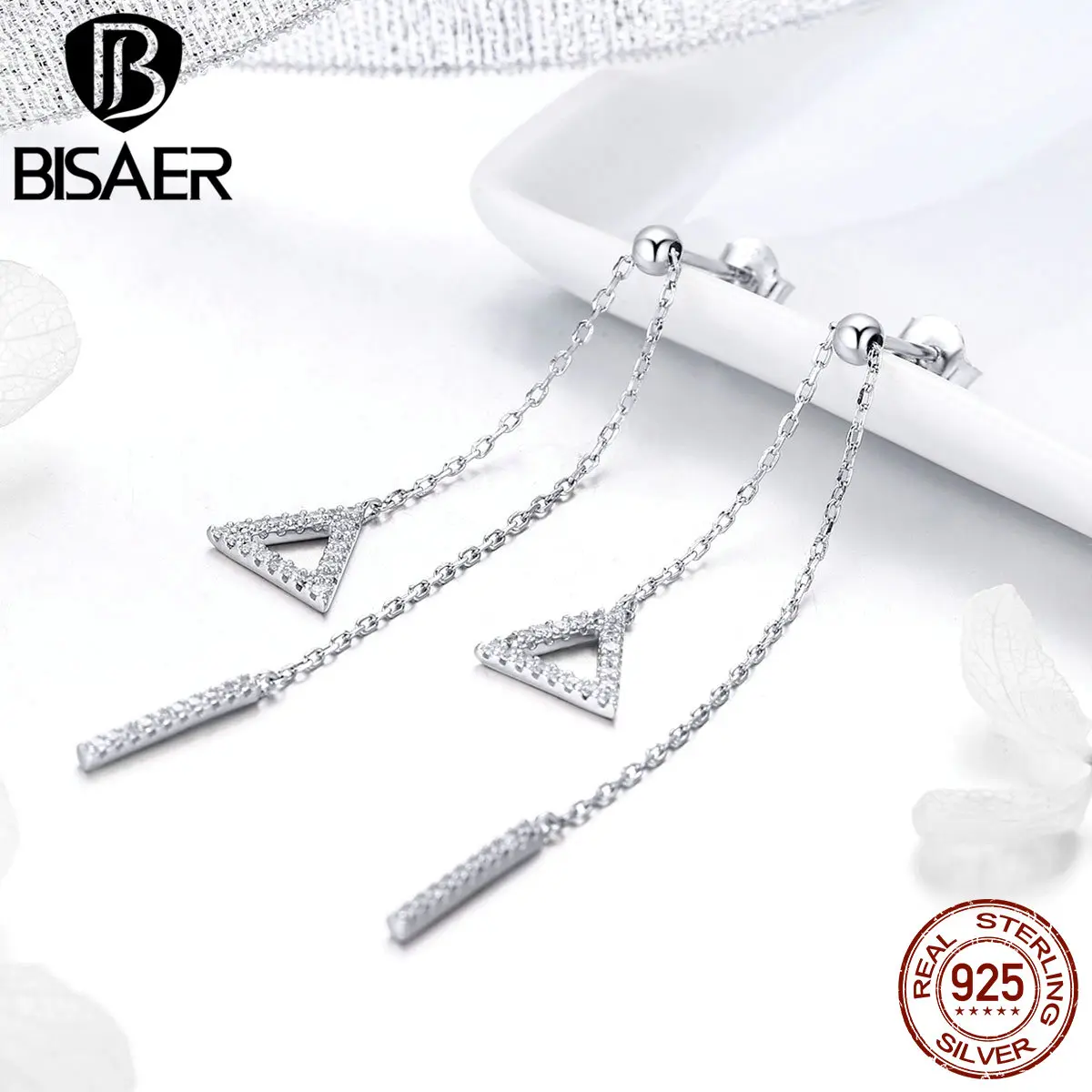 BISAER 925 пробы серебряные привлекательные милые треугольные Висячие длинные серьги-гвоздики для женщин девушек лучшие подарки ювелирные изделия EFE051