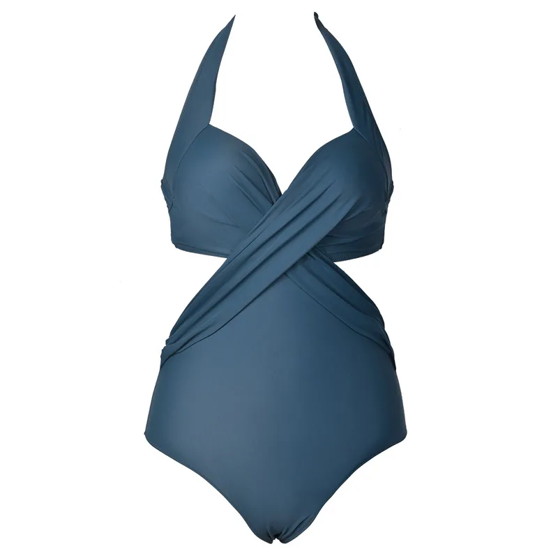 NAVY BLUE Cupshe Художественный темперамент Холтер цельный купальник V шеи крест накрест Монокини дамы купальный костюм Купальники - Цвет: NAVY BLUE