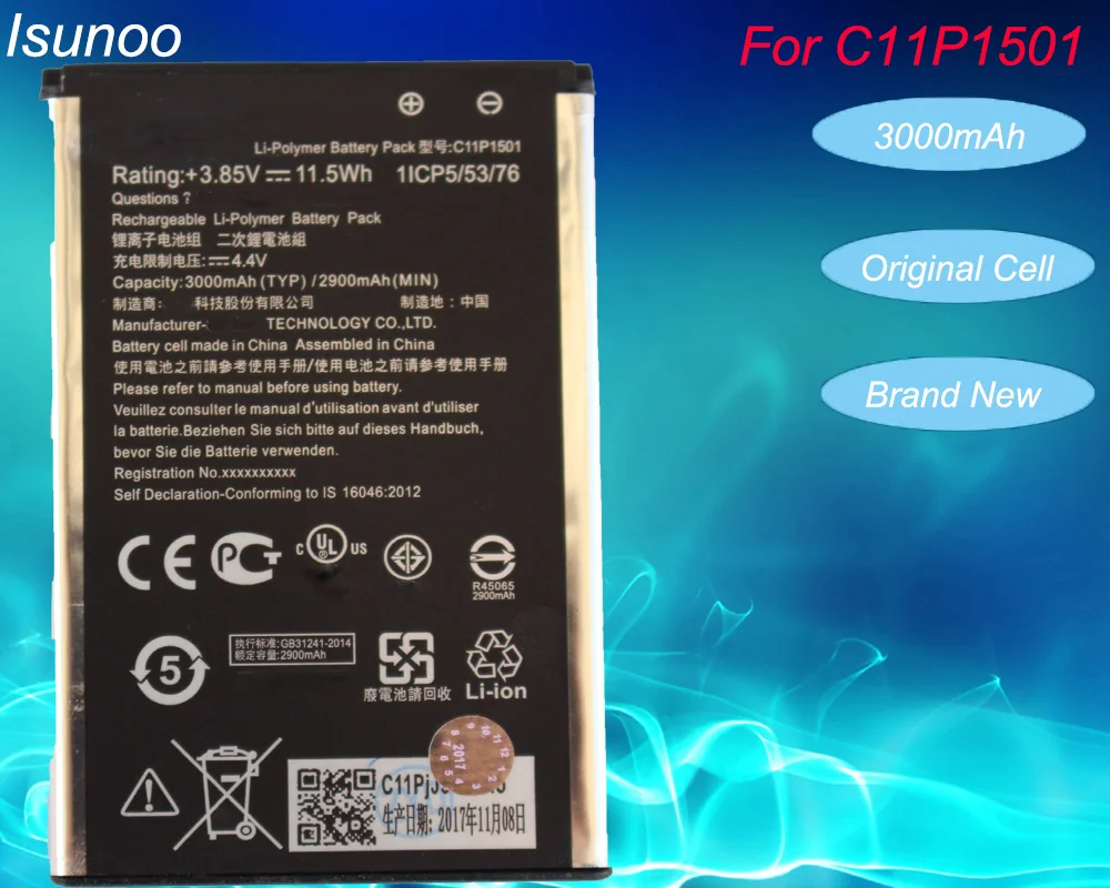 Сменный литийионный аккумулятор ISUNOO 3000 мА · ч/Вт ч C11P1501 для Asus Zenfone 2 Laser Zenfone2 ZE601KL
