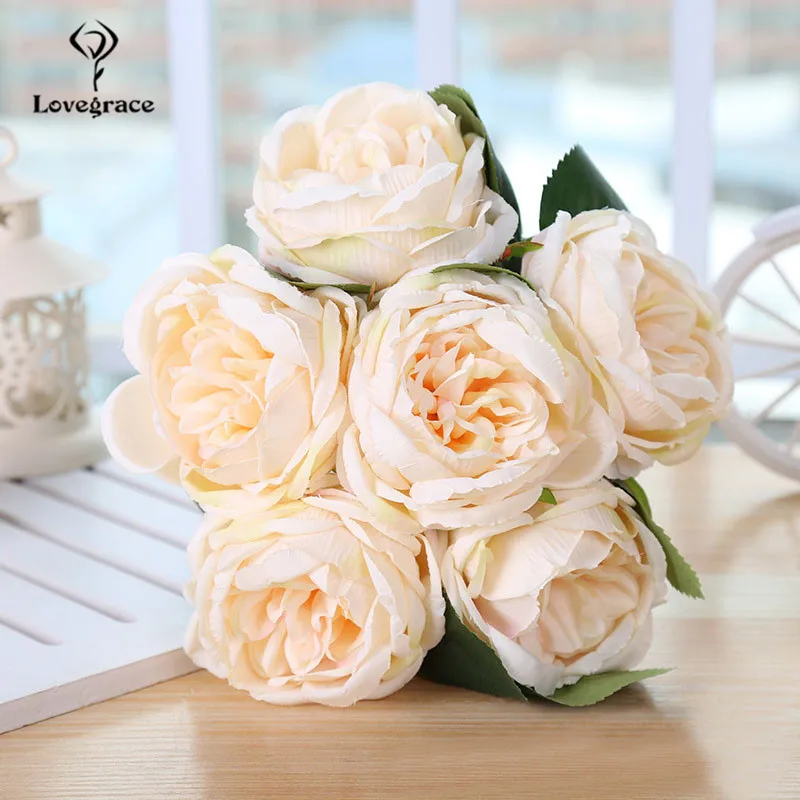 champagne Lovegrace Свадебный букет Белые пионы Цветочные Свадебные букеты невесты красные цветы Искусственные Свадебные украшения для дома - Цвет: champagne