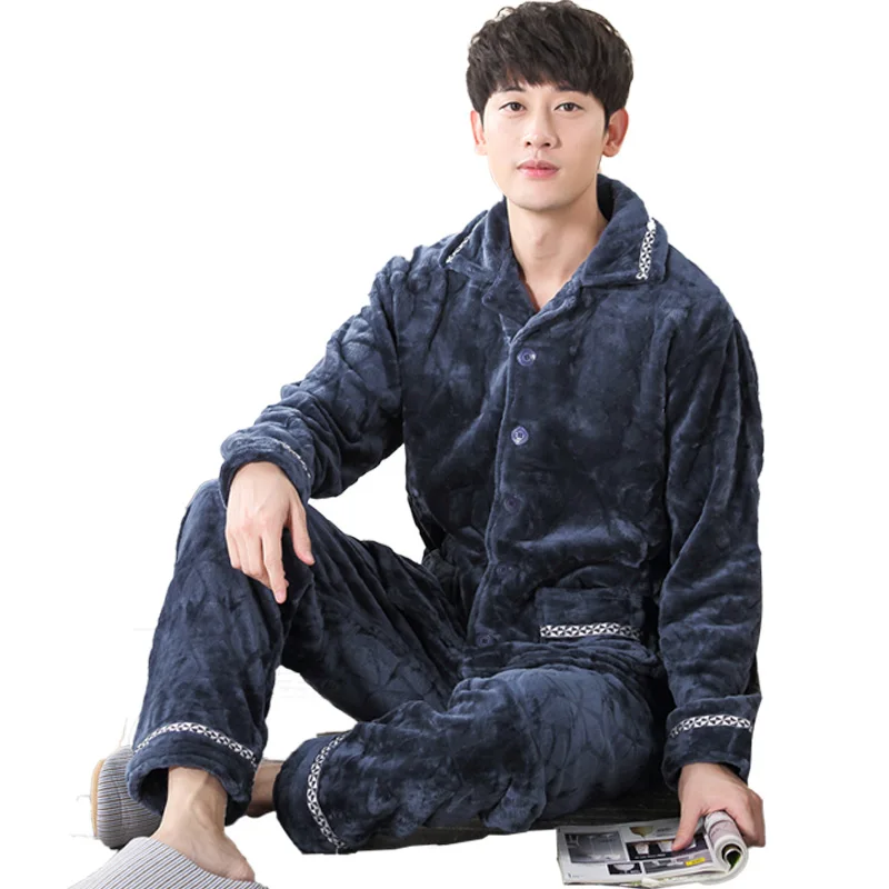 SusanDick 2017 Autumn &amp Winter Thick Flannel Pajamas Mens Coral Cashmere Cardigan Pants Suit Sleepwear Casual Man Home Clothes | Мужская