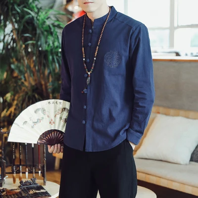 Navy Blue Zongke/однотонная черная рубашка в китайском стиле с вышивкой, Мужская модная уличная рубашка Harajuku с длинным рукавом, мужская рубашка 5XL, мужские рубашки s - Цвет: Navy Blue