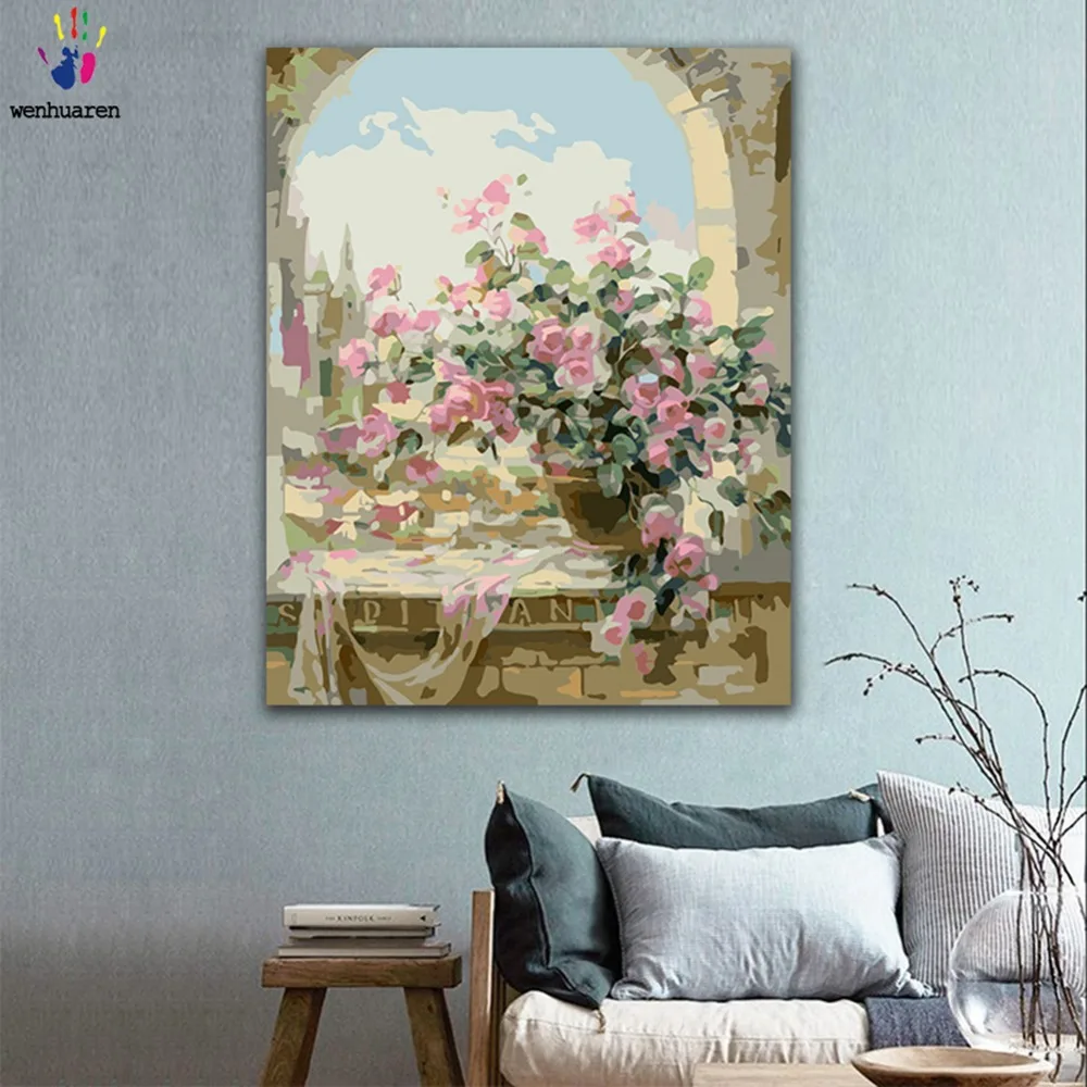 DIY картина по номерам розовый Ваза на подоконнике раскраска краски с комплекты