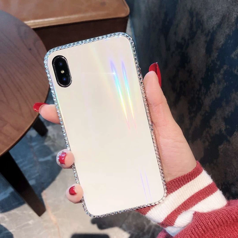 Цветной лазерный чехол Aurora для iPhone X 8 7 Plus 6 6s с бриллиантовым украшением