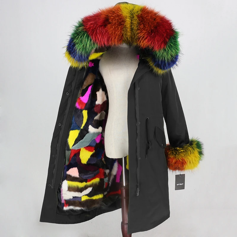 black multi OFTBUY удлиненная парка, пальто из натурального меха, зимняя куртка для женщин, натуральный меховой воротник, Капор из норки, меховая подкладка, водонепроницаемая верхняя одежда, съемная - Цвет: black multi