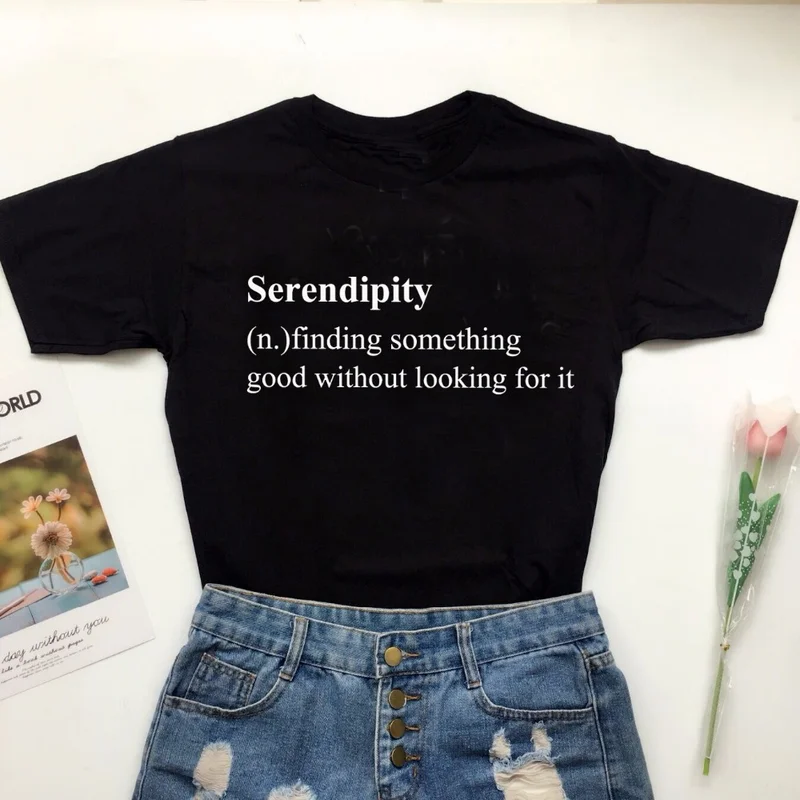 Милая женская футболка с принтом Serendipity повседневная хлопковая забавная вырезом