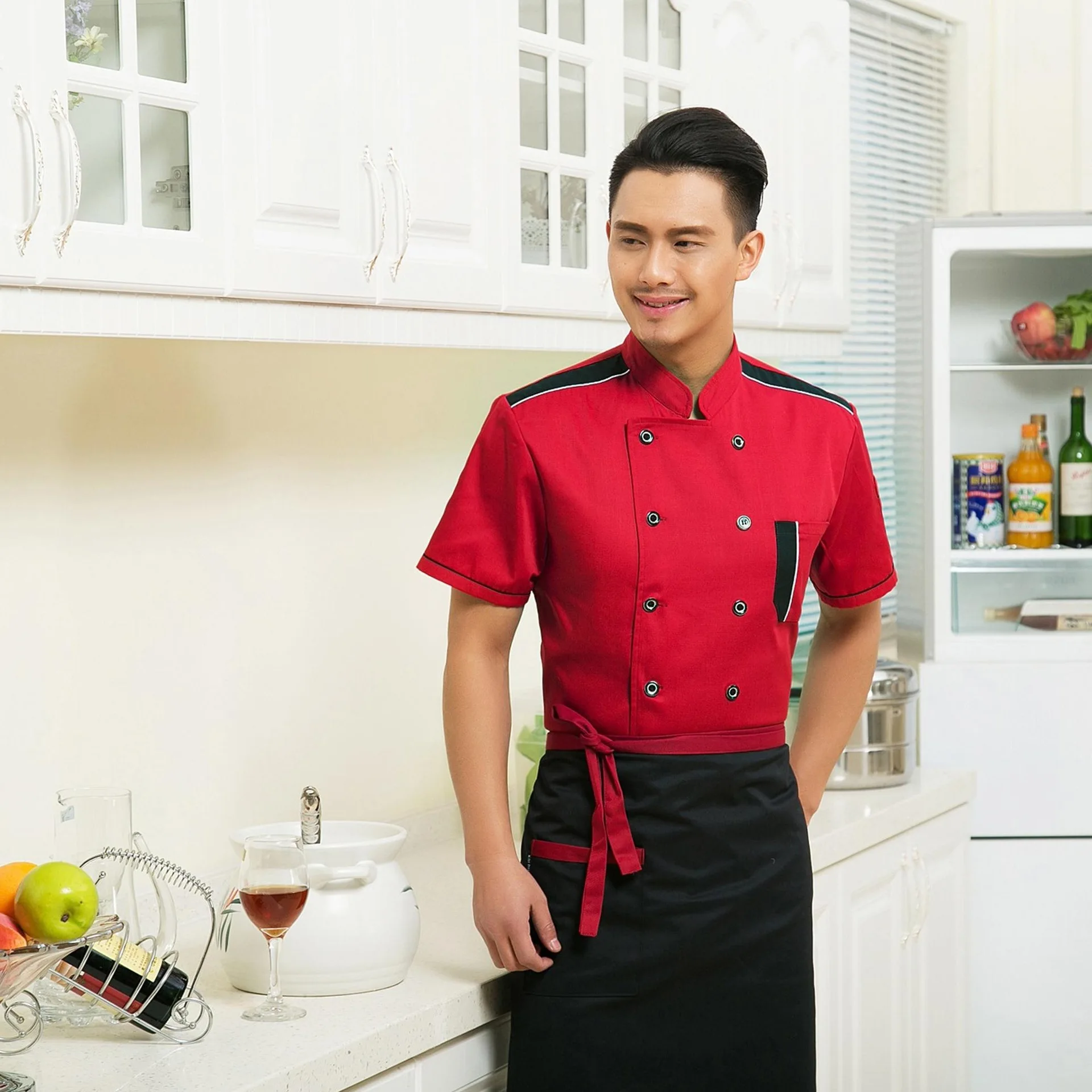 Униформа шеф повара с коротким рукавом и воротником стойкой из хлопка|black chef