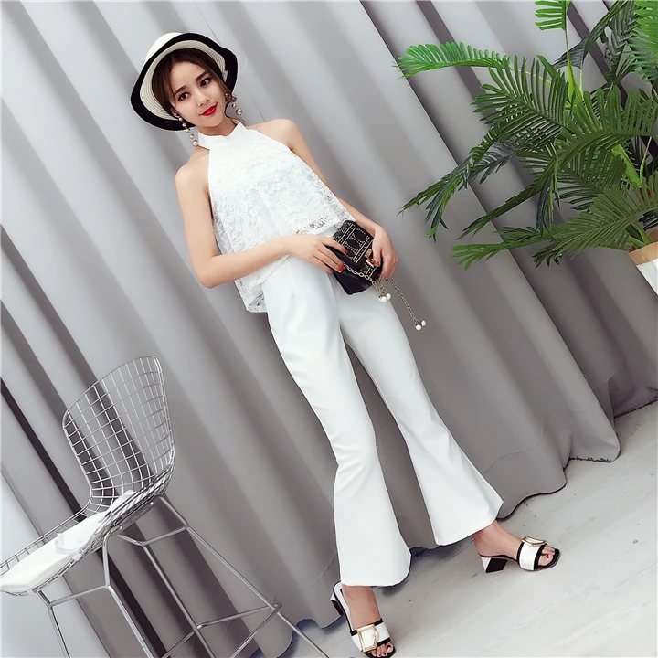 Женский кружевной комплект из блузки с лямкой на шее и длинных брюк|trousers set|set