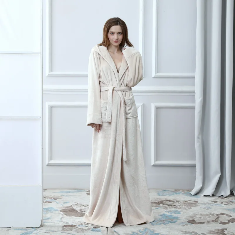 Beige Women Теплый фланелевый Халат с капюшоном для женщин и мужчин, очень длинный теплый зимний банный халат, халат для подружки невесты - Цвет: Beige Women