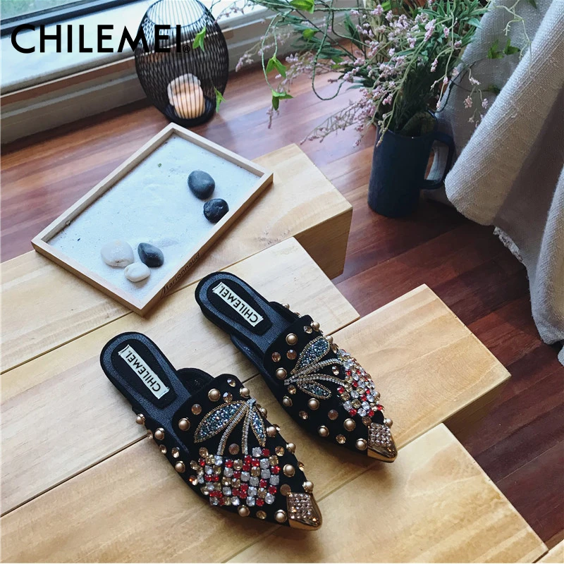 Половина Тапочки женские стадо стразами кристалл заклепки лето осень 2018 Мода