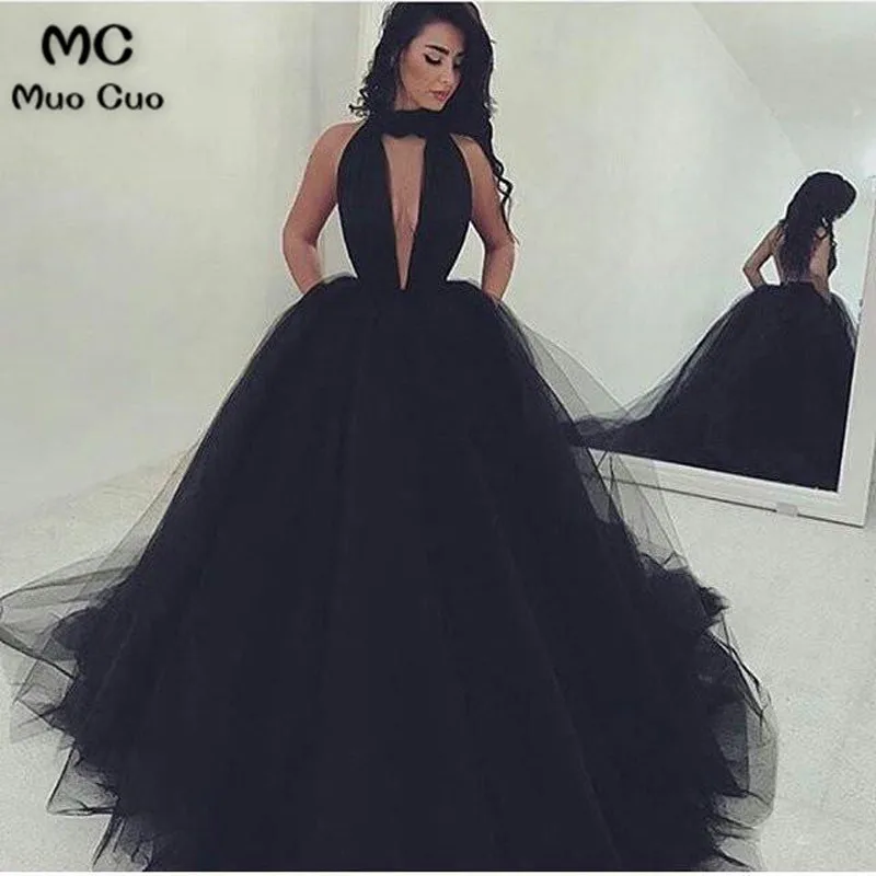

2018 Ball Black Prom Dresses Halter Off Shoulder Tulle Sweep Train Formal Evening Party Dress for Women
