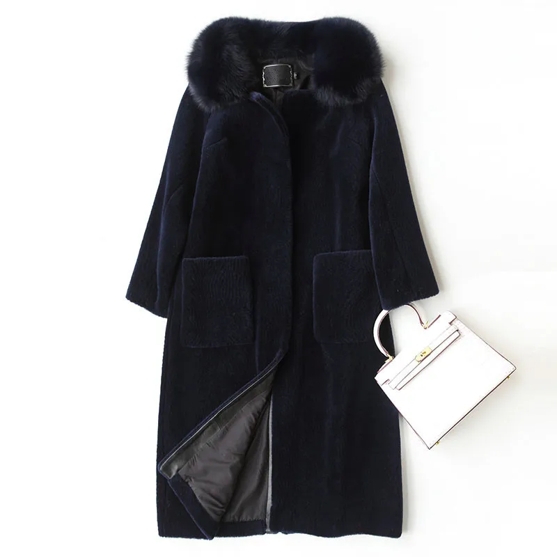 dark blue AYUNSUE высокая имитация шерсти пальто женские толстые теплые черные пальто женские зимние пальто из искусственного меха женская элегантная повседневная верхняя одежда WXF076 - Цвет: dark blue
