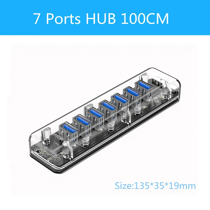 ORICO, прозрачный концентратор, высокая скорость, 7, 4 порта, USB 3,0, 5 Гбит/с, usb-хаб, портативный OTG концентратор, usb-разветвитель для Apple Macbook Air, ноутбука, ПК - Цвет: 7 Port F7U-U3