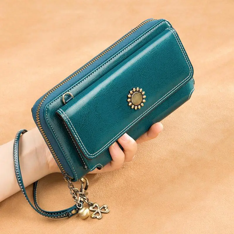 Синий Vintage Oil Wax Leather Women Wallets Long Zippers Purse Genuine Leather Wallet Female Clutch Multifunction Big Capacity Wallet - Цвет: Синий