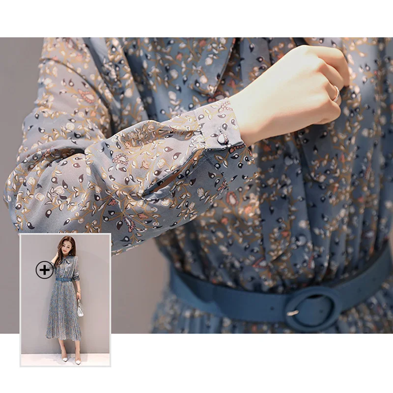 Осенние женские винтажные длинное платье 2018 элегантные шифона с принтом пояс