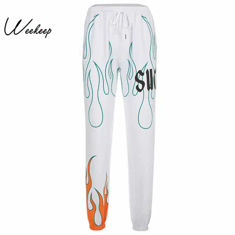 Женские брюки карандаш Weekeep белые спортивные с высокой талией и принтом пламени