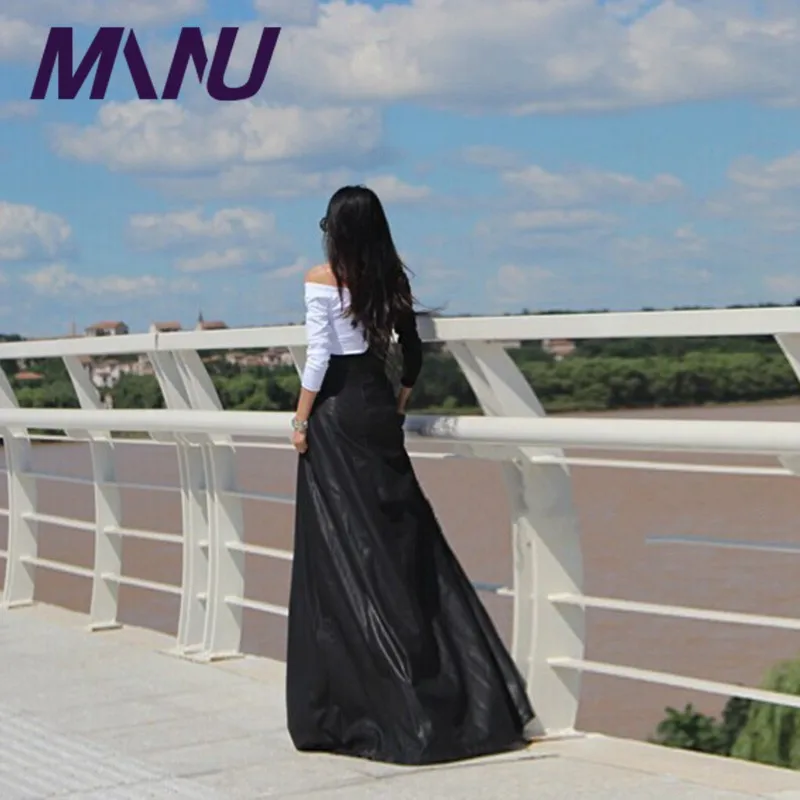 Женские длинные юбки из искусственной кожи однотонная черная юбка трапеция в пол