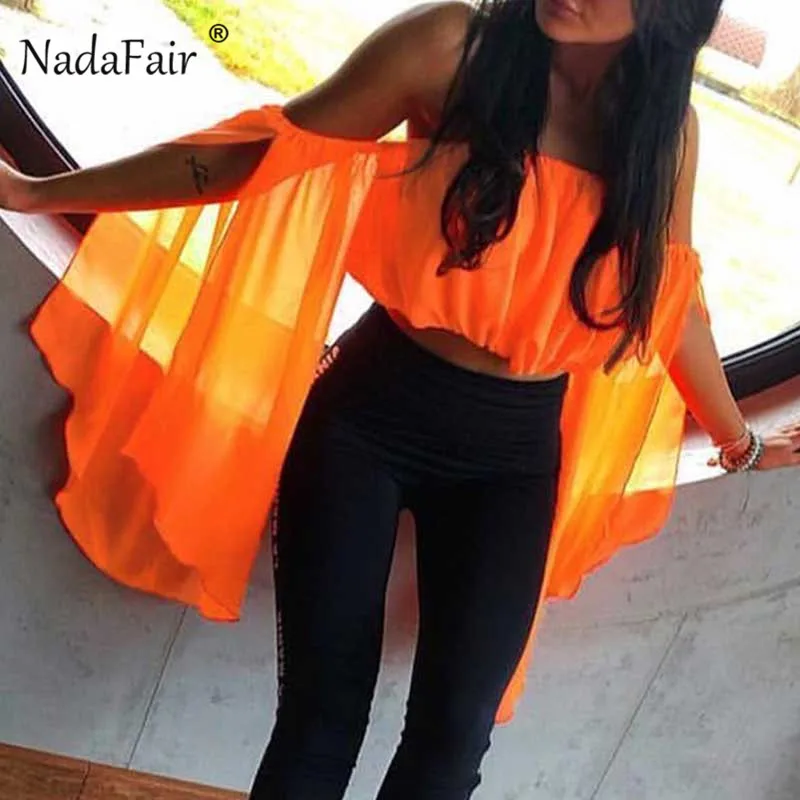 Nadafair неоновый топ с открытыми плечами и блузки женские оранжевые вырезом