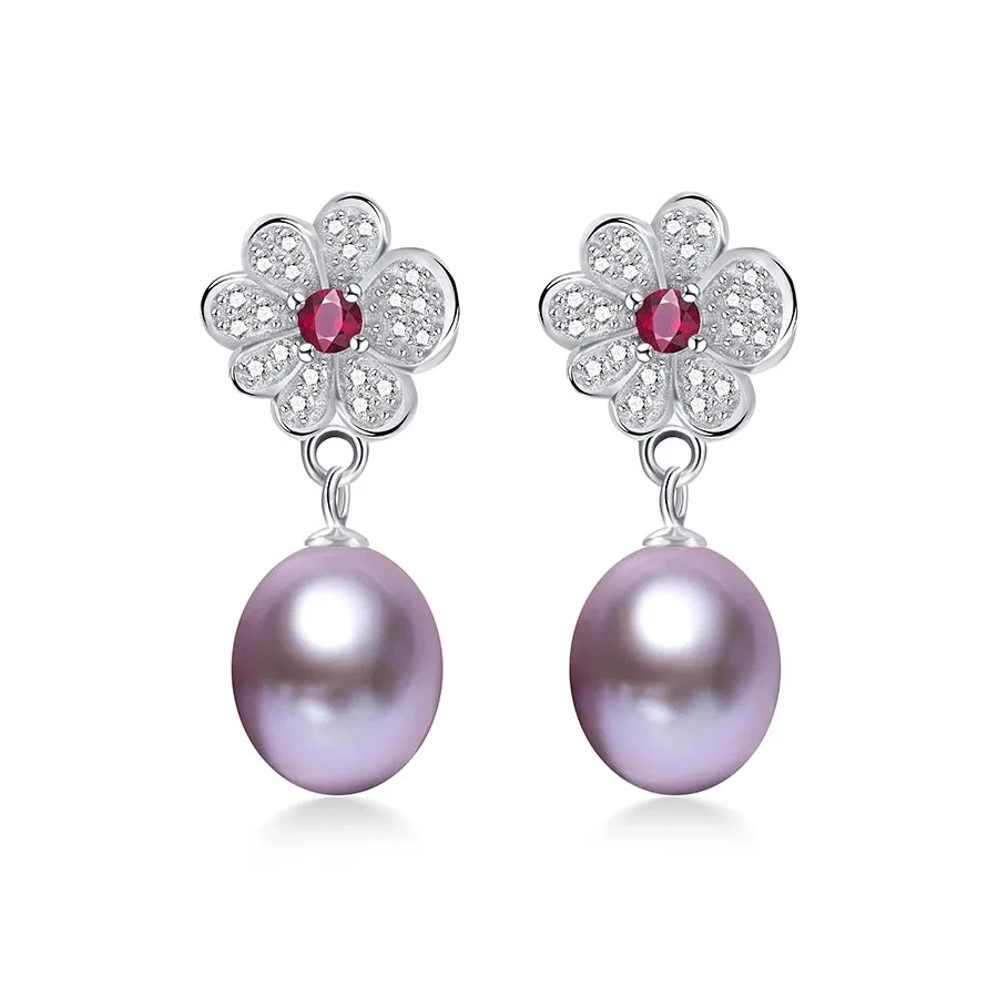 purple pearl Настоящие натуральные пресноводные жемчужные Висячие серьги для женщин модные 925 пробы серебряные ювелирные изделия Элегантные циркониевые серьги с цветочным мотивом - Цвет камня: purple pearl