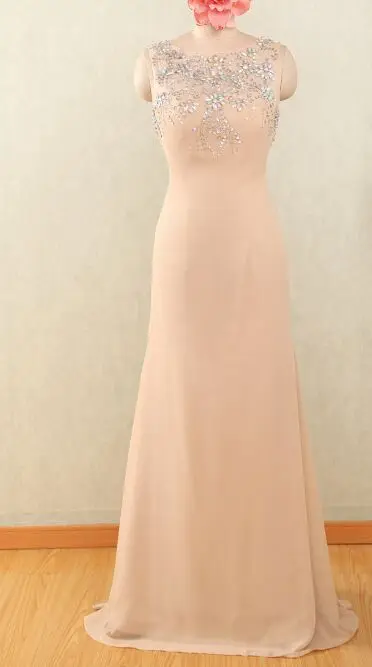 A-Line Champagne 2017 Hot Sale O-Neck Long Chiffon Prom Dresses With Crystal Beads Plus Size Party Dress Custom Made | Свадьбы и
