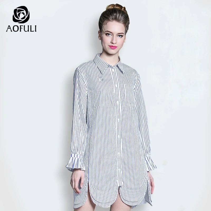 Платье рубашка AOFULI M ~ XXXL дизайнерское в полоску женское однобортное хлопковое