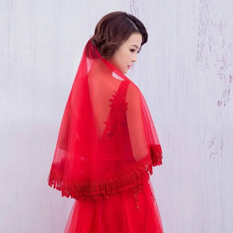 Красная кружевная вуаль для невесты корейский стиль свадебная фата с кисточками