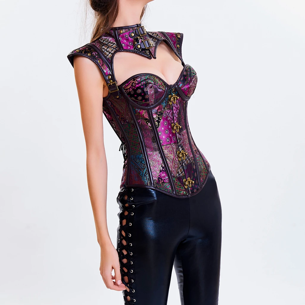Коричневый Цветочный Ретро Готический стимпанк корсет спиральный стальной с