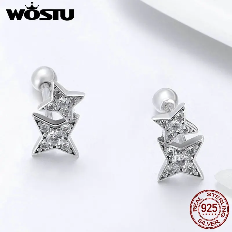 WOSTU Настоящее серебро 925 пробы сверкающие звезды крошечный гвоздик серьги для