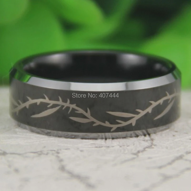 

Free Shipping YGK JEWELRY Hot Sales 8MM Black Top Silver Bevel Thorns Design Men's Fashion Tungsten Wedding Ring