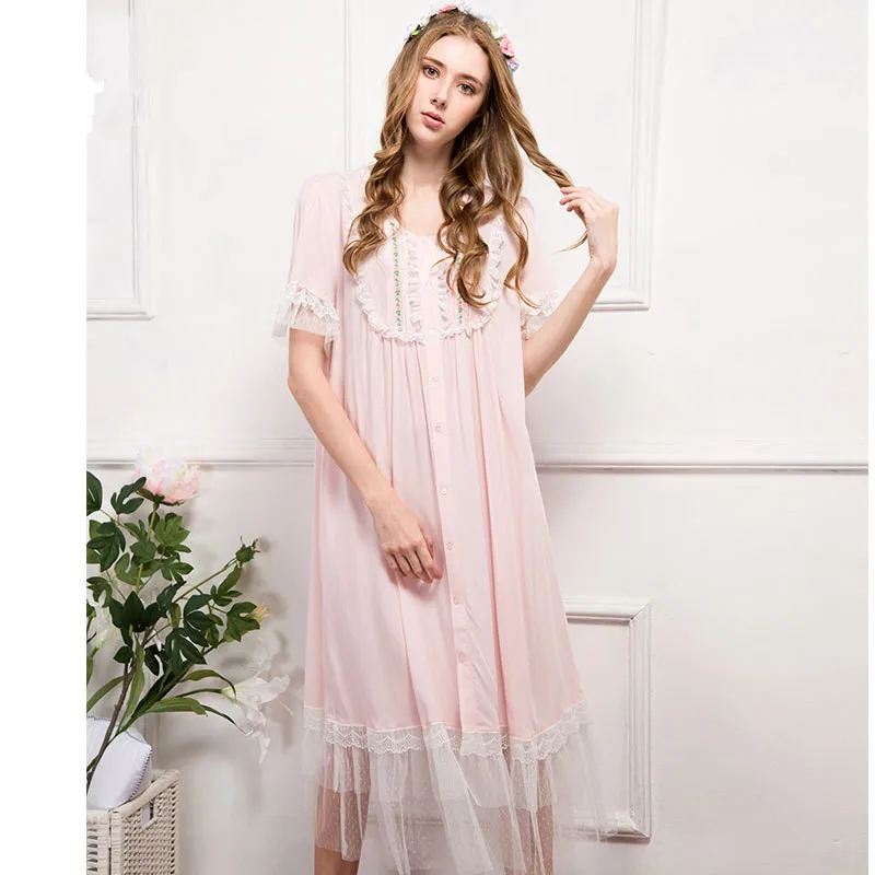New 2017 Women Pink Pure Cotton Princess Gowns Female Casual Lace Patchwork Nightgown Lady Elegant Sleep Dress Lounge 201533
