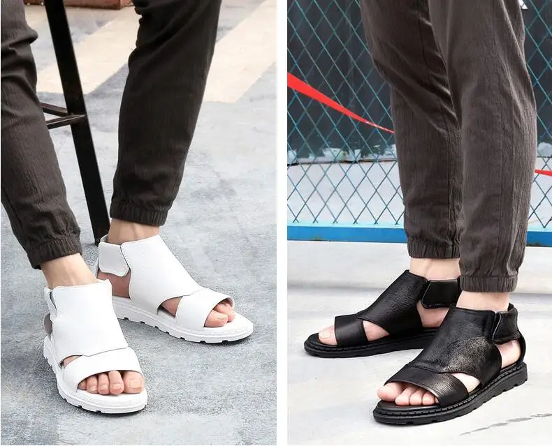 Мужские сандалии на липучке кожаные в римском стиле плоской подошве для пляжа