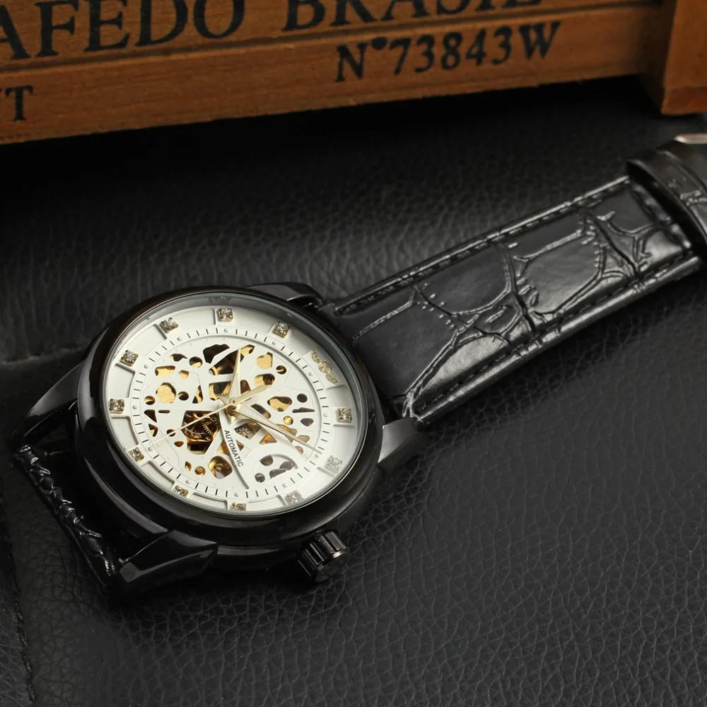 Высококачественные мужские часы 2015 скелетоны белый циферблат черный корпус