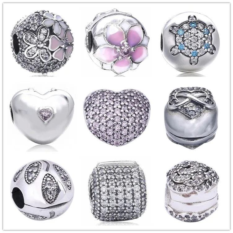 Authentic 925 Sterling Silver Stopper Pave Barrel Clear CZ Clip Charms heart Magnolia fit Bracelet European DIY Fashion Jewelry | Украшения