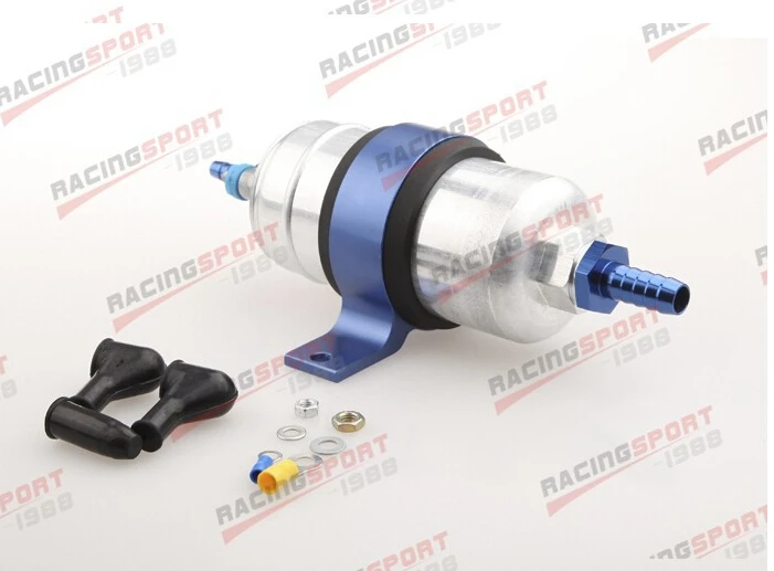 

External Fuel Pump 044 For B-osch+Billet Bracket Blue+1/2" Inlet 5/16"Outlet Barb