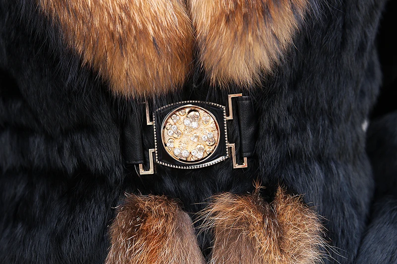 Женское зимнее длинное пальто из кроличьего меха с воротником и поясом