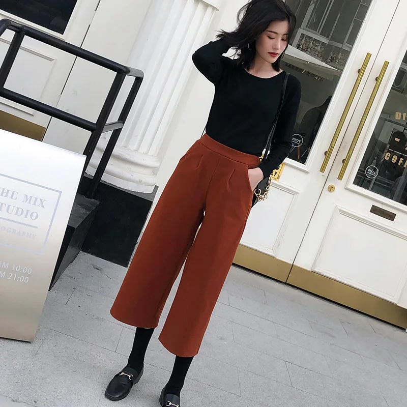 Женские широкие брюки pantalon черные повседневные с высокой талией в Корейском
